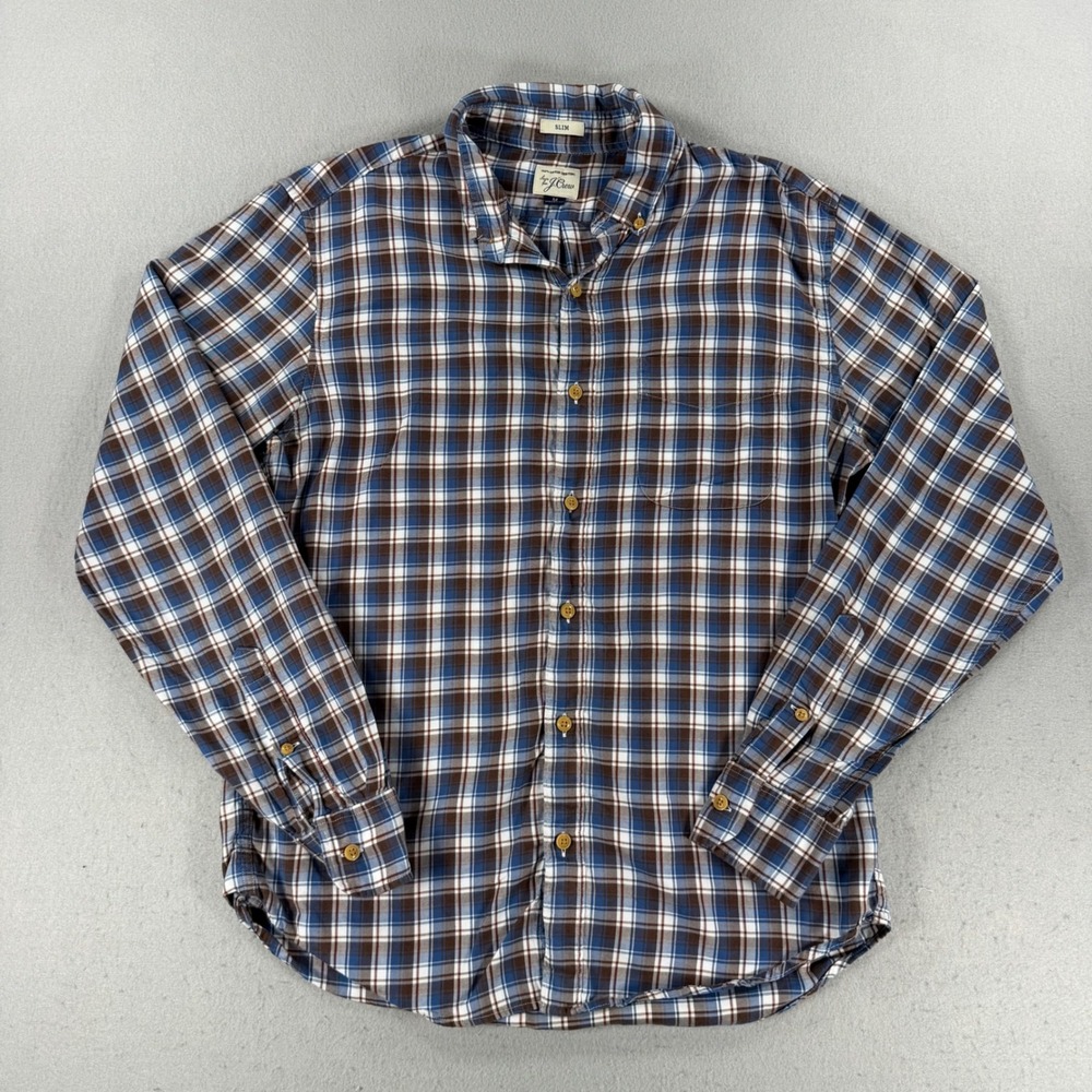 J. Crew Mens Slim Fit Plaid Button Down Shirt Blue Brown White Cotton Medium